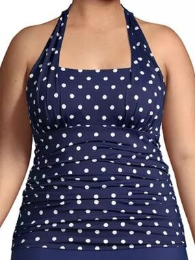 Lands End Tankini Top Swimsuit Swim Tank Navy White Polka Dot Halter 18